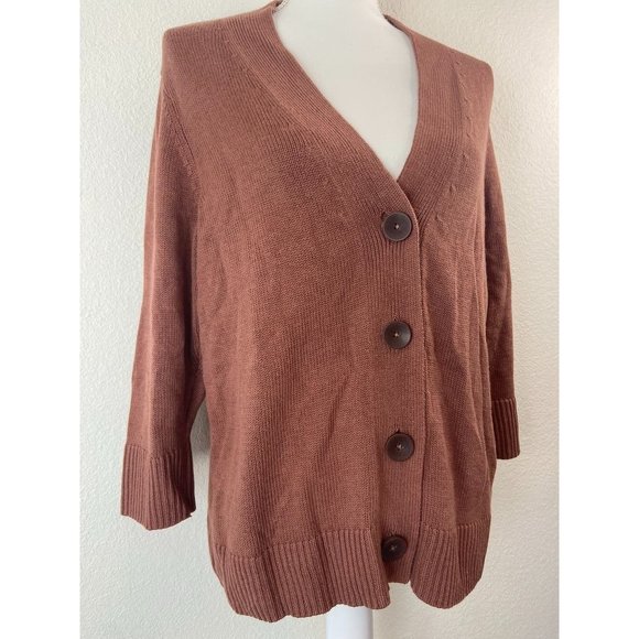 J. Jill women's large‎ brown 3/4 sleeve button front v-neck cardigan sweater - Picture 2 of 6